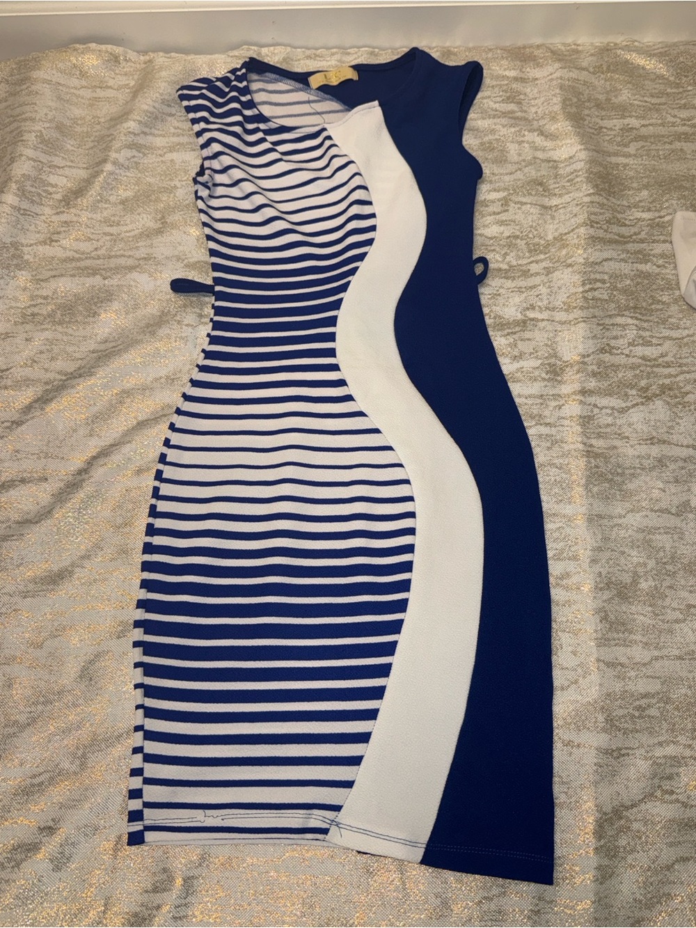 Striped Blue and White Curve-Panel Midi Dress